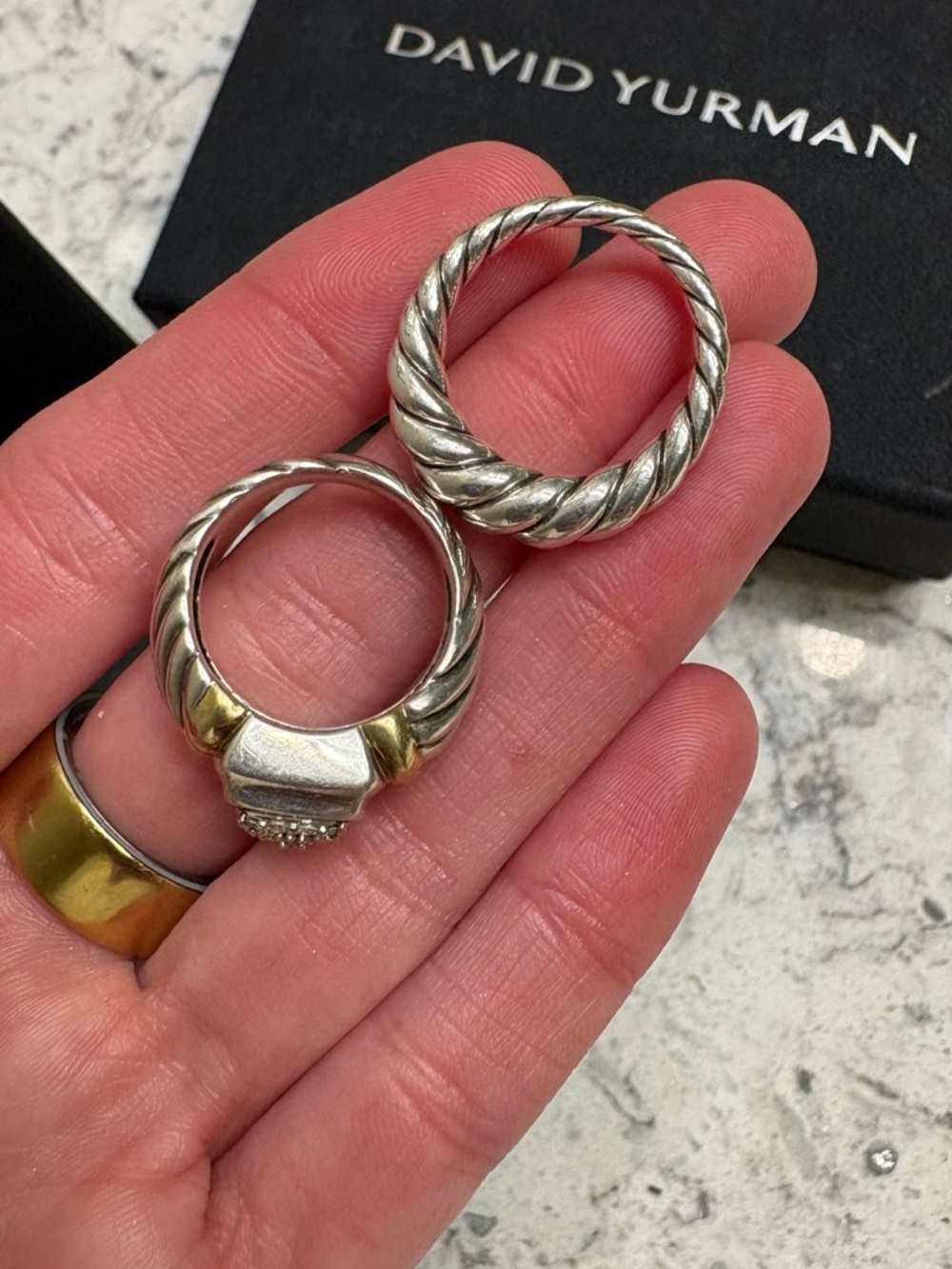 David Yurman Stackable Rings - 18k & 925 Pavé Square Ring and 925 Pure Form 925 - Picture 2 of 11